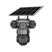 Caméra de sécurité à énergie solaire avec objectifs multiples et projecteurs intégrés.