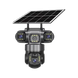 Caméra de sécurité à énergie solaire avec objectifs multiples et projecteurs intégrés.