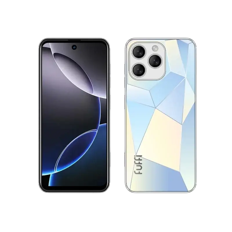 Un smartphone doté d’un écran intégral et d’un dos à motifs géométriques avec un triple système d’appareils photo.