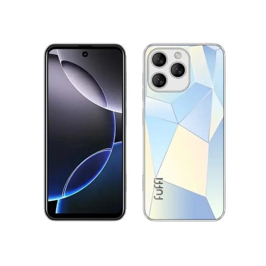 Un smartphone doté d’un écran intégral et d’un dos à motifs géométriques avec un triple système d’appareils photo.