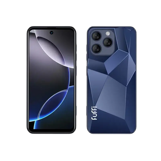 Un smartphone bleu avec un dos à motifs et plusieurs caméras.