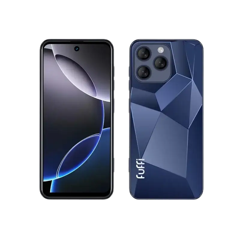 Un smartphone bleu avec un dos à motifs et plusieurs caméras.