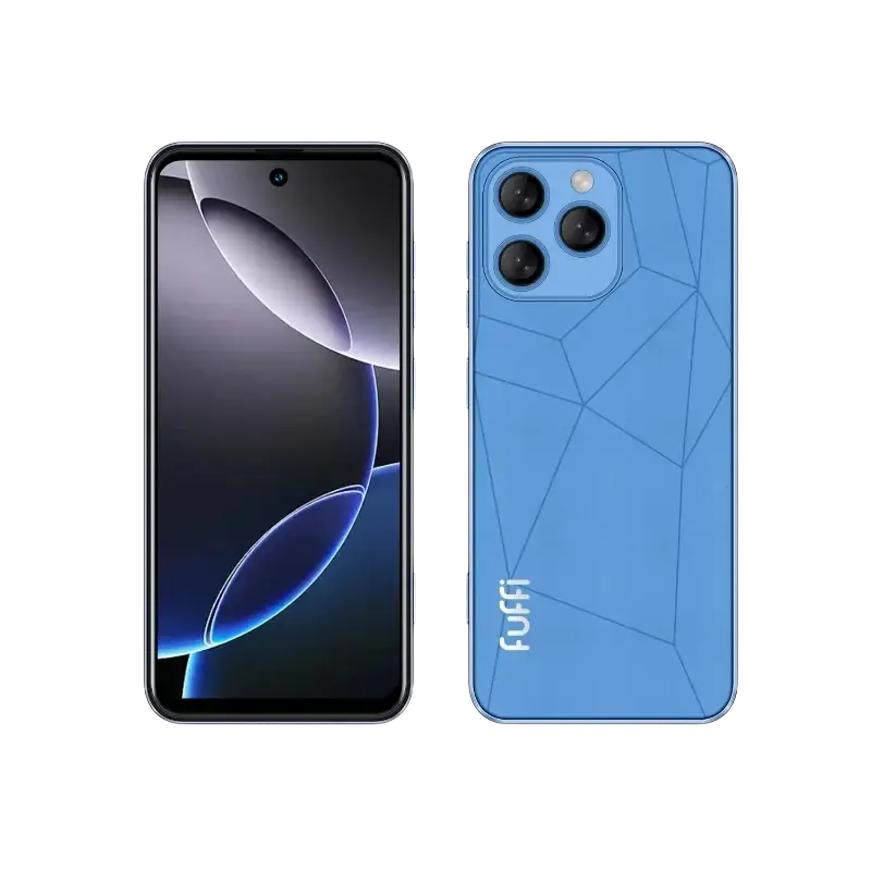 Un smartphone bleu doté d’un système d’appareil photo à trois lentilles et d’une caméra frontale à trou.