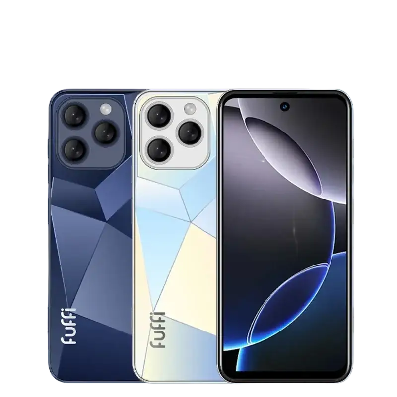 Deux smartphones, l’un bleu foncé et l’autre blanc, avec un triple appareil photo, et un troisième smartphone montrant son écran avant avec un appareil photo en pointillé.