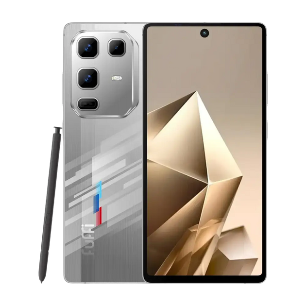 Smartphone argenté avec stylet, doté d’un système multi-caméras au dos et d’une caméra frontale à trou.