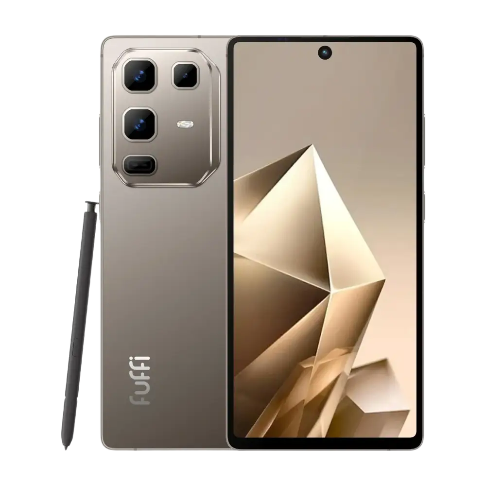 Un smartphone beige doté d’un système à quatre caméras, d’un stylet et d’un écran à trous.