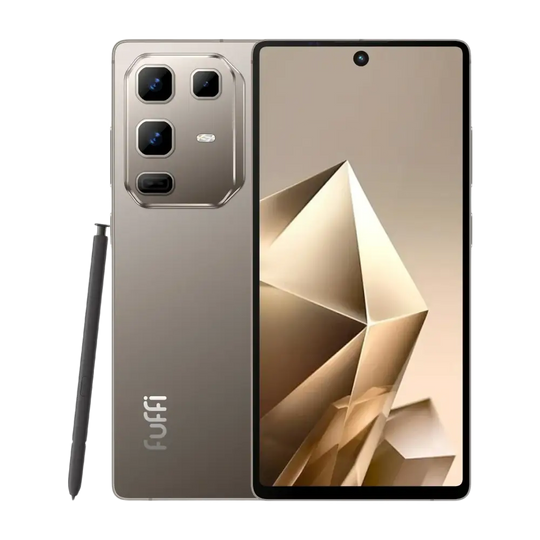 Un smartphone beige doté d’un système à quatre caméras, d’un stylet et d’un écran à trous.