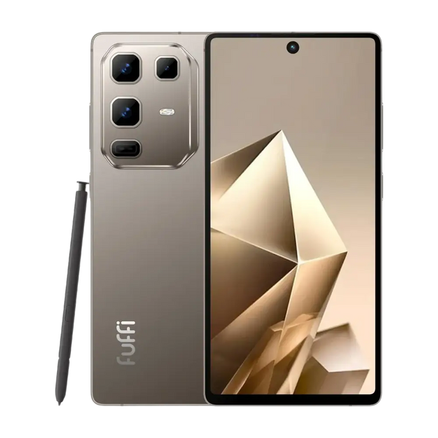 Un smartphone beige doté d’un système à quatre caméras, d’un stylet et d’un écran à trous.