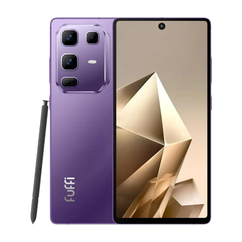 Smartphone violet doté d’un système à quatre caméras, d’un stylet et d’un écran à trous.