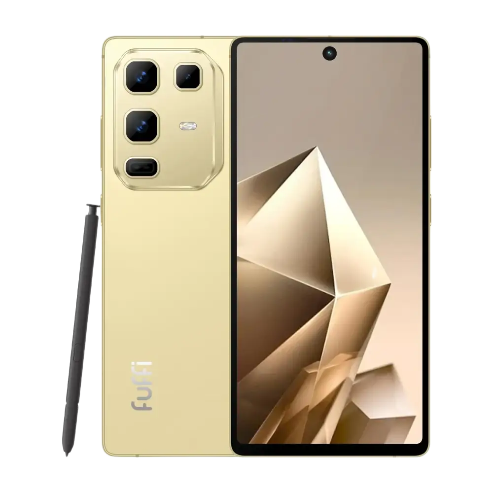 Un smartphone doré doté d’un triple appareil photo et d’un stylet noir.