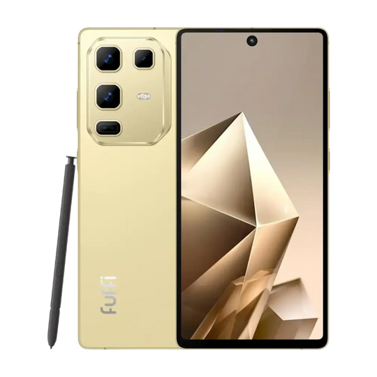 Un smartphone doré doté d’un triple appareil photo et d’un stylet noir.