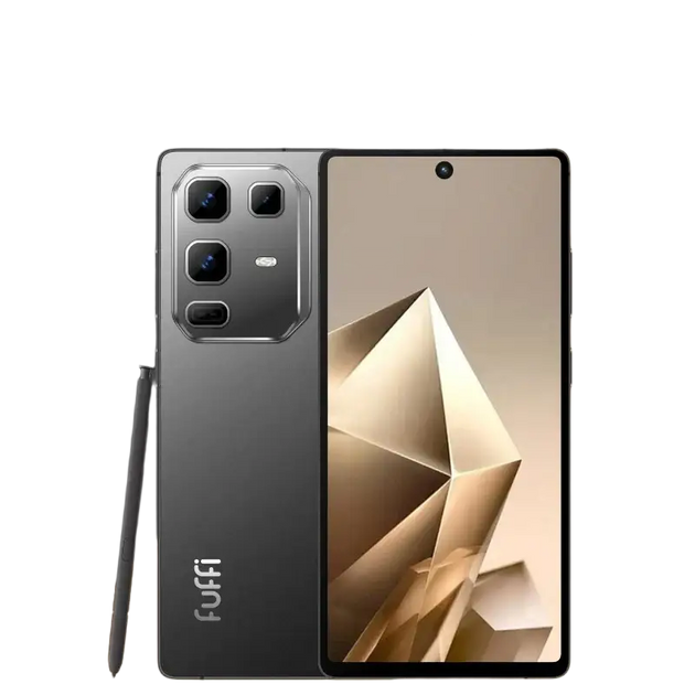 Un smartphone gris foncé avec un stylet, doté d’un système d’appareil photo à lentilles multiples et d’un écran avec un fond d’écran géométrique.