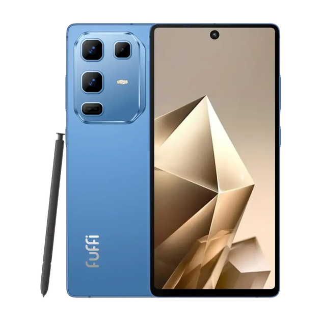 Smartphone bleu avec stylet, doté d’un système de caméra à lentilles multiples à l’arrière et d’une caméra frontale à trou.