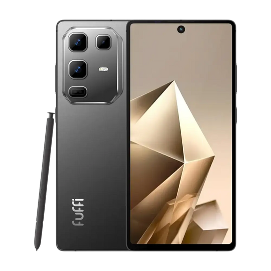 Smartphone gris foncé doté d’un stylet et d’un module photo proéminent.