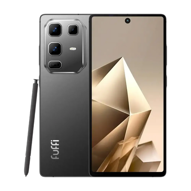 Smartphone gris foncé doté d’un stylet et d’un module photo proéminent.