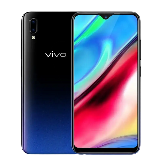 Un smartphone dégradé noir et bleu avec un écran à encoche en forme de goutte d’eau.