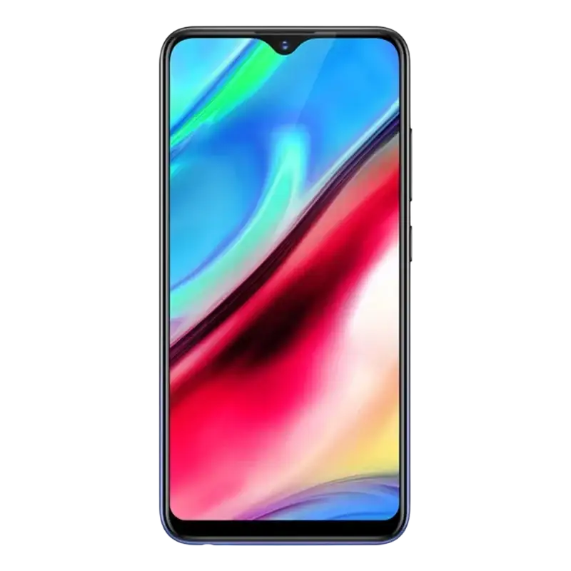 Un smartphone bleu avec un écran à encoche en forme de goutte d’eau affichant un fond d’écran abstrait coloré.