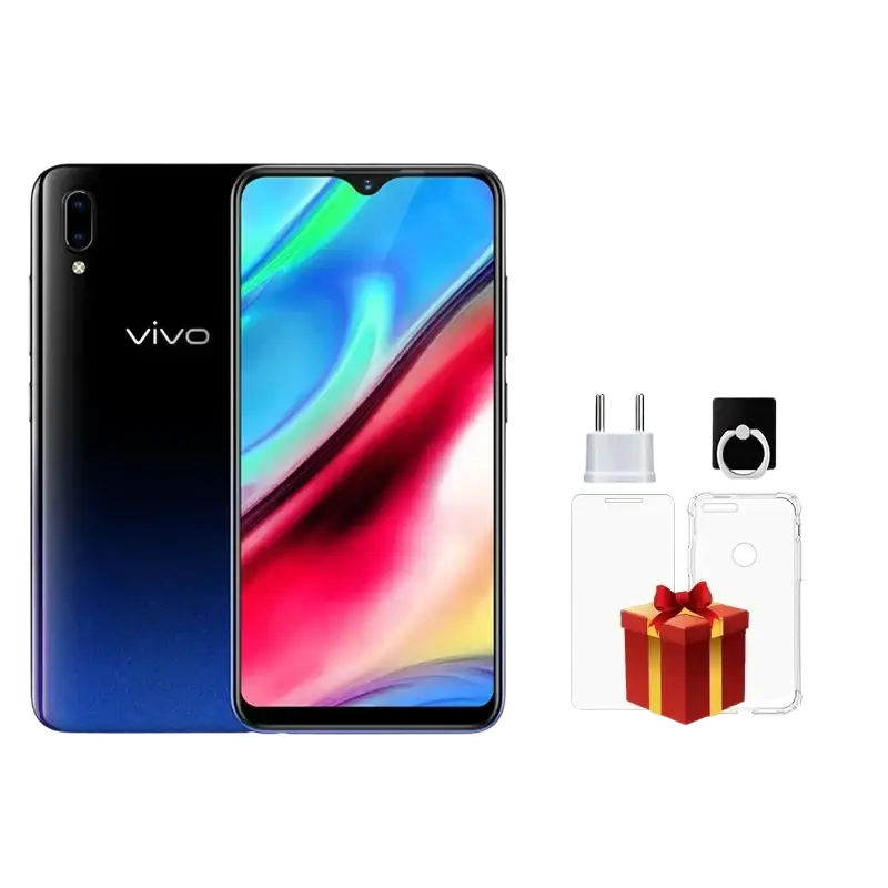 Smartphone Vivo Y93 avec firmware global, chargeur, protecteur d’écran, étui de téléphone et support de bague.