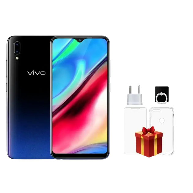 Smartphone Vivo Y93 avec firmware global, chargeur, protecteur d’écran, étui de téléphone et support de bague.