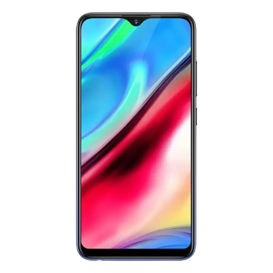 Un smartphone bleu avec un écran à encoche en forme de goutte d’eau affichant un fond d’écran abstrait coloré.
