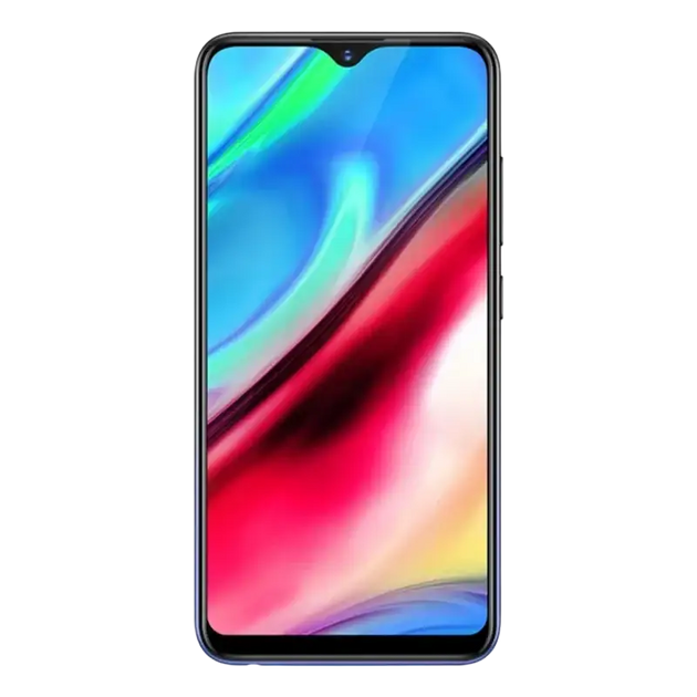 Un smartphone bleu avec un écran à encoche en forme de goutte d’eau affichant un fond d’écran abstrait coloré.