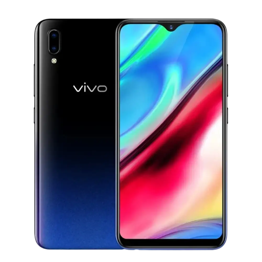 Un smartphone dégradé noir et bleu avec un écran à encoche en forme de goutte d’eau.