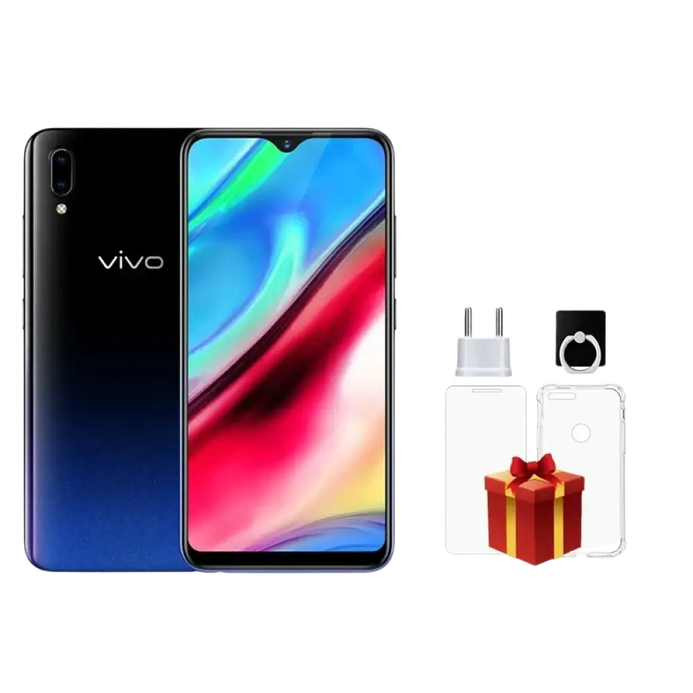 Smartphone Vivo Y93 avec firmware global, chargeur, protecteur d’écran, étui de téléphone et support de bague.